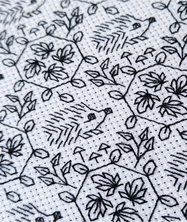 Close up of a stitched blackwork pattern of cute hedgehogs, leaves and mushrooms.