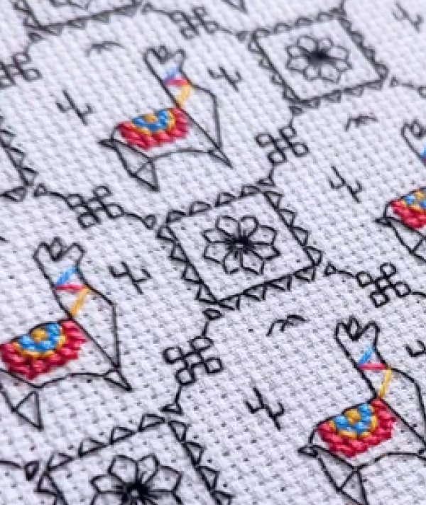 Close up of Llama blackwork pattern stitched