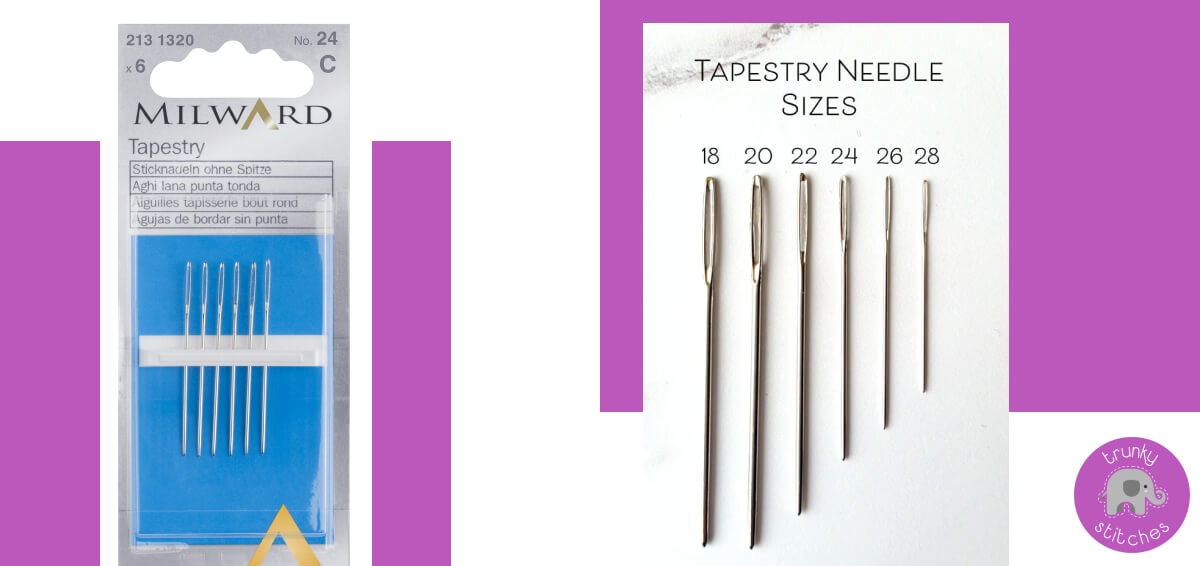 Tapestry needles in packaging next to needle sizes from size 18 to 28