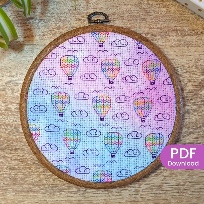 Stitched Hot air balloons in the clouds blackwork pattern