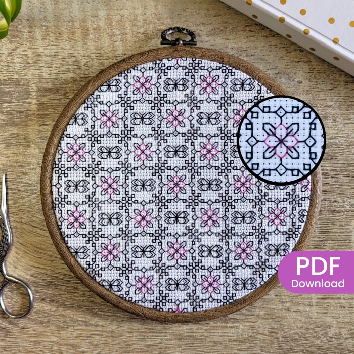 Stitched Butterflies and Flowers Blackwork pattern