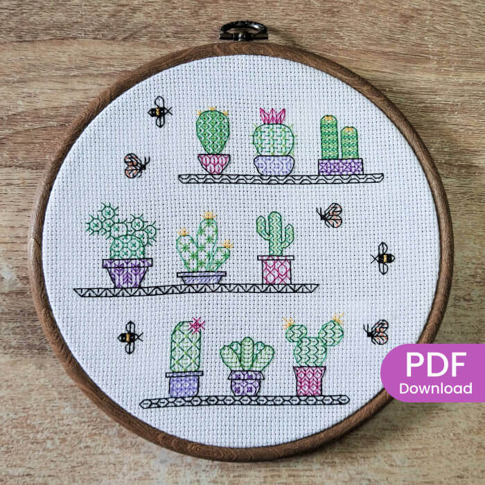 Stitched Cactus and succulents on shelves blackwork pattern