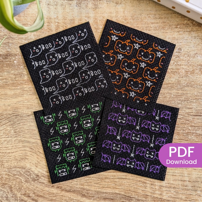 Stitched Set of 4 cute halloween blackwork coaster patterns