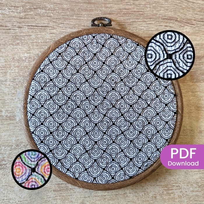 Stitched Blackwork optical illusion pattern - Circles and swirls