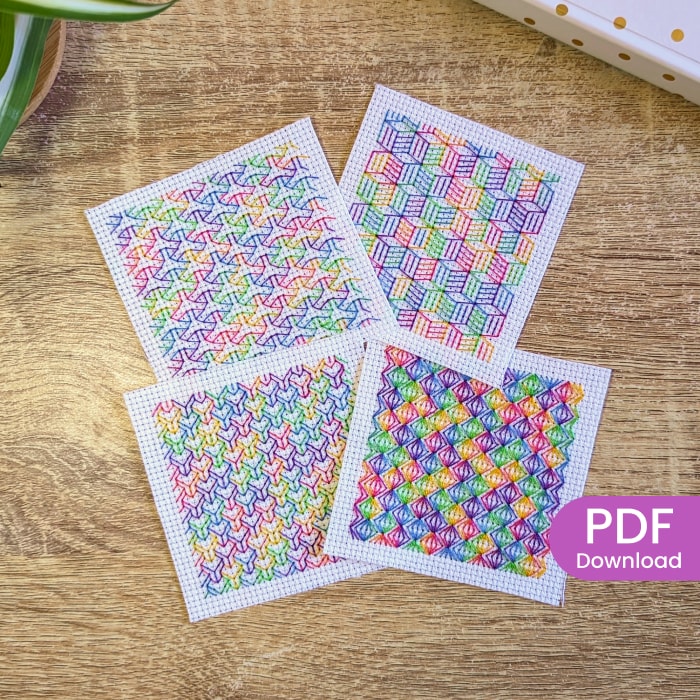 Stitched Set of 4 rainbow optical illusion blackwork coaster patterns