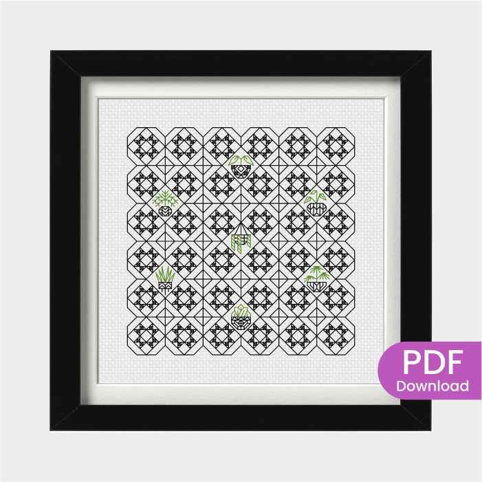 Stitched Houseplant mosaic tiles blackwork pattern