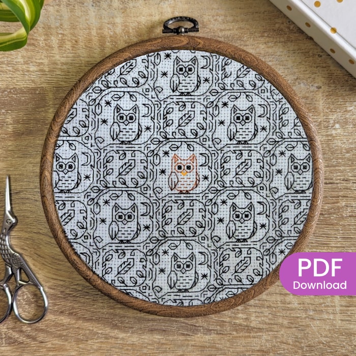 Stitched Woodland owl blackwork pattern