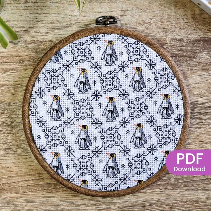 Stitched Penguin cross stitch and blackwork pattern