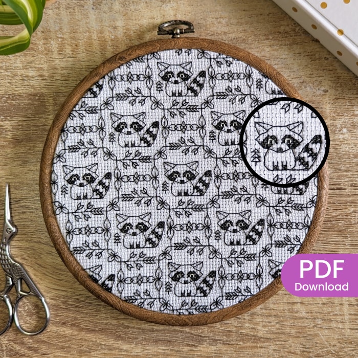 Stitched Urban Raccoon blackwork and cross stitch pattern