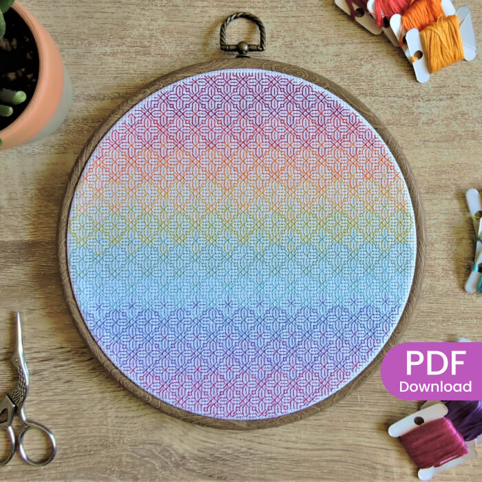 Stitched Geometric rainbow blackwork pattern