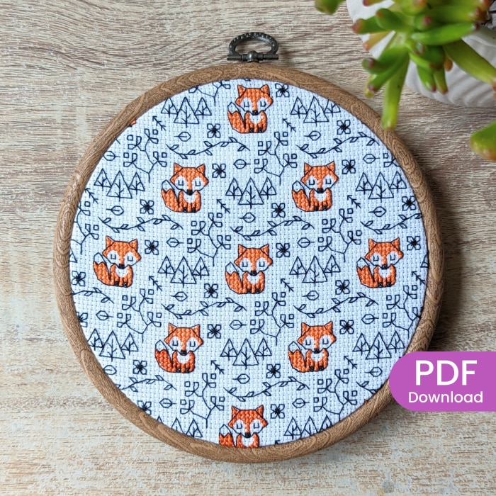 Stitched Sleepy fox cross stitch with blackwork pattern