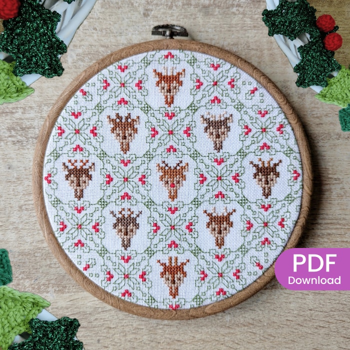 Stitched Christmas blackwork and cross stitch pattern - Santa's reindeer