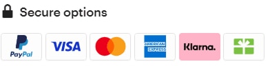 Secure payment options accepted - Paypal, Visa, Mastercard, American Express, Klama, Gift Card
