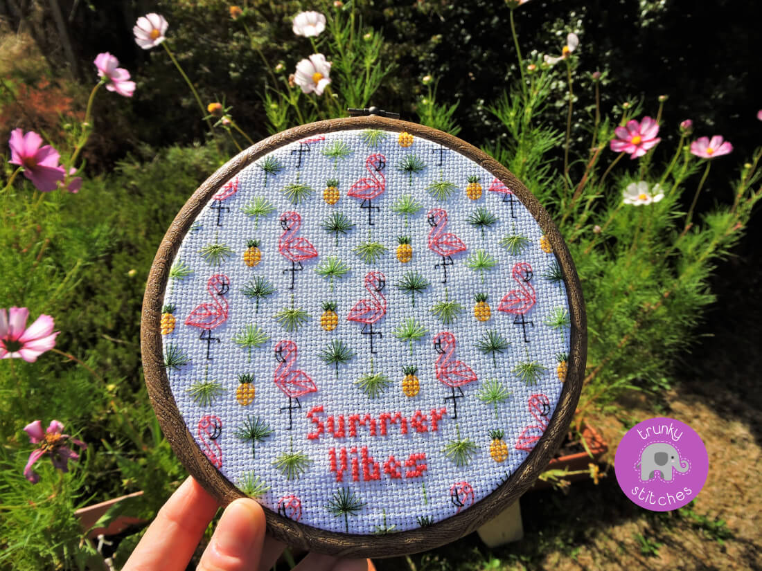 Close up photo of the Flamingo Summer vibes blackwork and cross stitch pattern