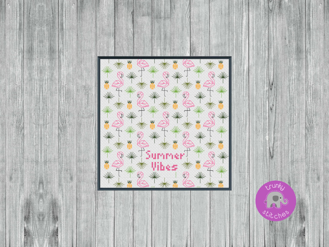 Square version of the  Flamingo Summer vibes blackwork and cross stitch pattern