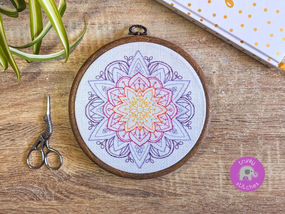 Framed blackwork embroidery piece of the Mandala flower blackwork pattern #2