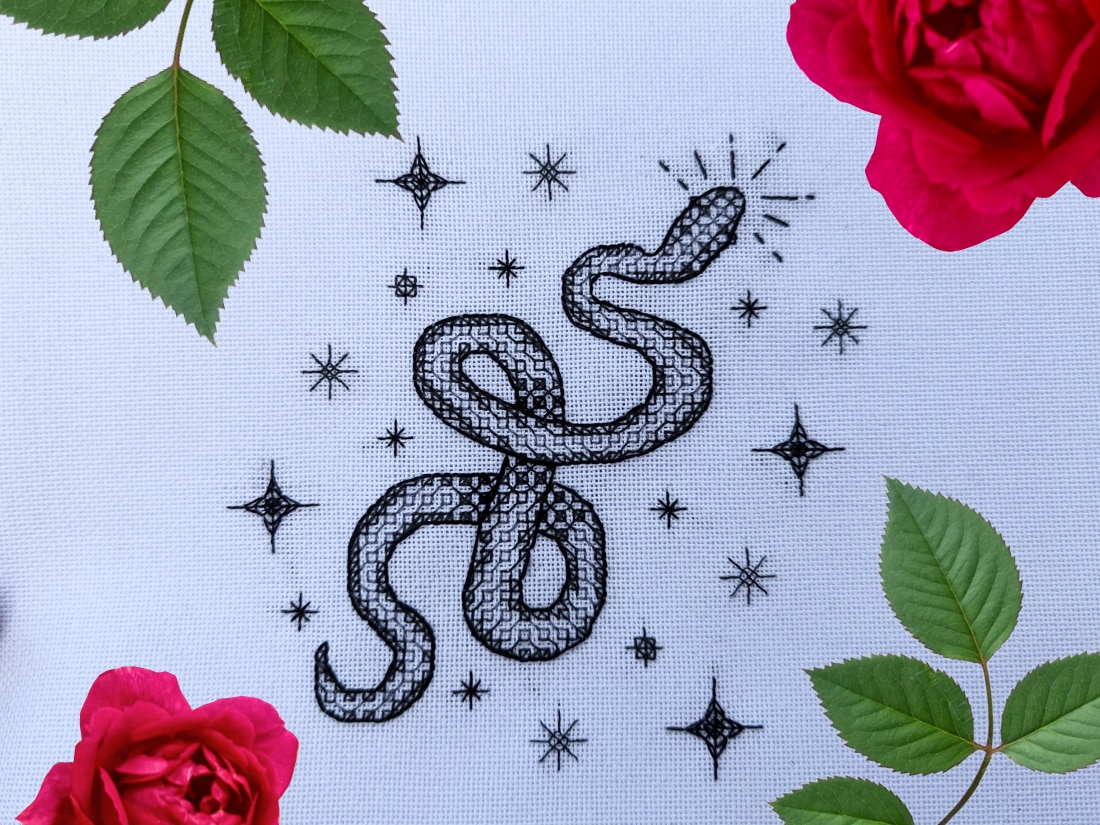 Close up photo of the Snake blackwork embroidery pattern