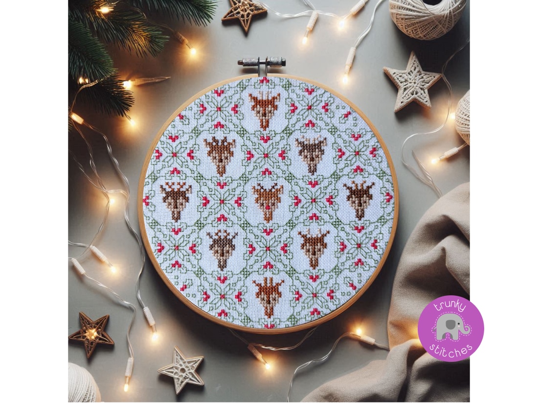 Close up photo of the Christmas Reindeer cross stitch pattern